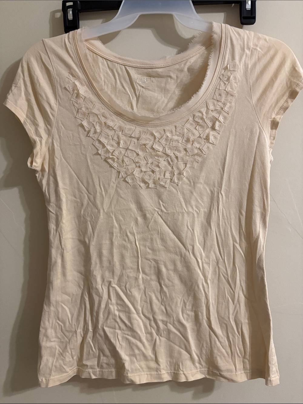 LOFT Cream Scoop Neck Short Sleeve Tee with Textured Petal Detail